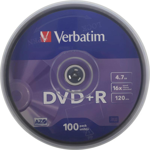Диск DVD+R Verbatim 4.7Gb 16x Cake Box (100шт) (43551)