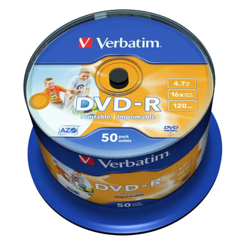 Диск DVD-R Verbatim 4.7Gb 16x Cake Box (50шт) Printable (43533)