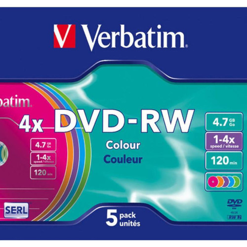 Диск DVD-RW Verbatim 4.7Gb 4x Slim case (5шт) Color (43563)