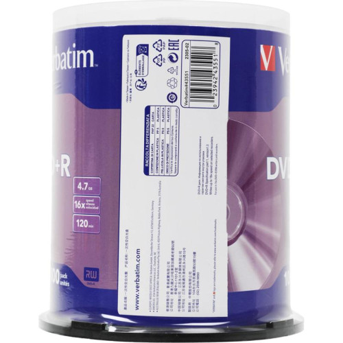 Диск DVD+R Verbatim 4.7Gb 16x Cake Box (100шт) (43551)