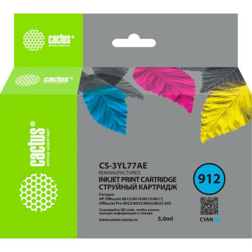Струйный картридж Cactus 912 голубой, 5 мл, для HP OfficeJet 8010/8012/8013/8014/8015/8020 (CS-3YL77AE)
