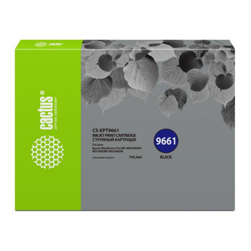Картридж струйный Cactus CS-EPT9661 T9661 черный пигментный (40000стр.) (795мл) для Epson WorkForce Pro WF-M5299DW/M5799DWF с чипом