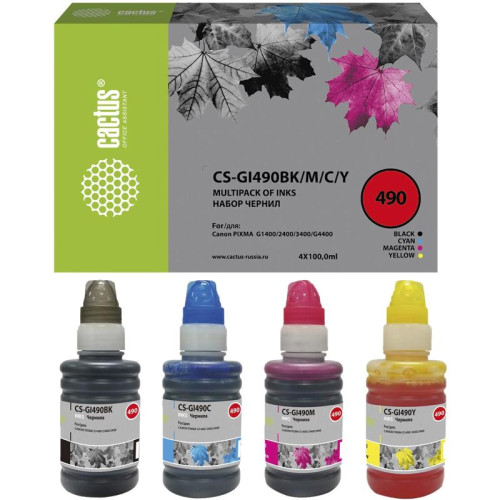 Чернила Cactus CS-GI490BK/M/C/Y GI-490 многоцветный набор 4x100мл для Canon Pixma G1400/G2400/G3400