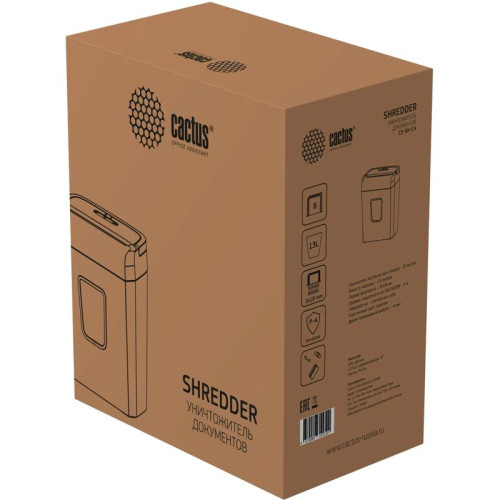 Шредер Cactus CS-SH-C4 белый (секр.P-4) фрагменты 8лист. 13лтр. скрепки скобы пл.карты