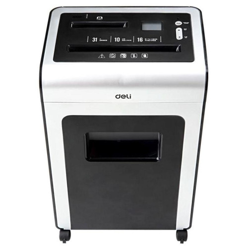 Шредер Deli E9917-EU черный/белый с автоподачей (секр.P-4) фрагменты 16лист. 31лтр. скрепки скобы пл.карты CD