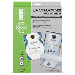 Пленка для ламинирования Cactus 100мкм A4 (25шт) глянцевая 216x303мм CS-LPGA410025