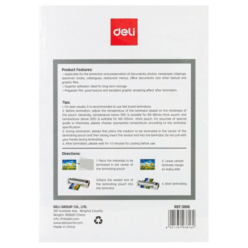 Плёнка для ламинирования Deli Size: A4Thickness: 80mic