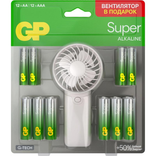 Батарея GP Super 15A/24A/FANWETA21-2CRSBC24 AA/AAA (промо:Вентилятор в подарок) (24шт) блистер