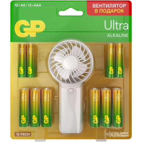 Батарея GP Ultra 15AU/24AU/FANWETA21-2CRSBC24 AA/AAA (промо:Вентилятор в подарок) (24шт) блистер