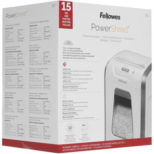Шредер Fellowes PowerShred 15С белый (секр.P-4) фрагменты 15лист. 19лтр. скрепки скобы пл.карты Шредер Fellowes PowerShred 15С белый (секр.P-4) фрагменты 15лист. 19лтр. скрепки скобы пл.карты