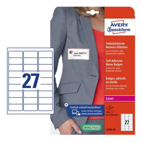 Этикетки Avery Zweckform L4784-20 29.6x63.5мм 27шт на листе/120г/м2/20л./белый ацетатный шелк самоклей. для лазерной печати