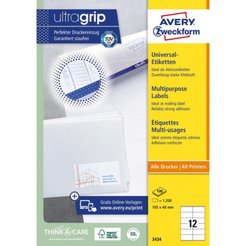 Этикетки Avery Zweckform 3424 A4 105x48мм 12шт на листе/70г/м2/белый/100л. матовое самоклей. универсальная