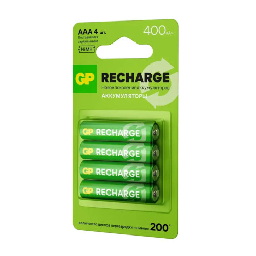 Перезаряжаемые аккумуляторы GP RECHARGE AAA, емкость 400 мАч - 4 шт. в блистере Перезаряжаемые аккумуляторы GP RECHARGE AAA, емкость 400 мАч - 4 шт. в блистере