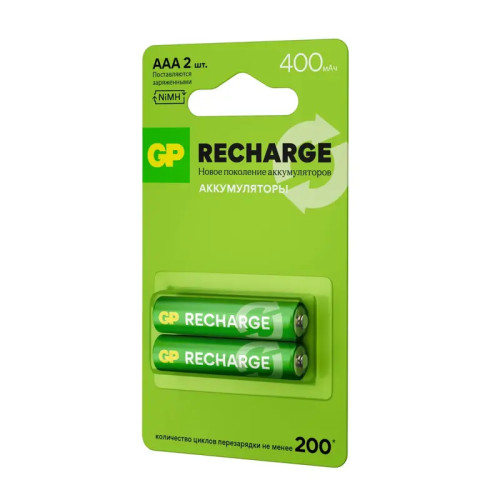 Перезаряжаемые аккумуляторы GP RECHARGE AAA, емкость 400 мАч -  2 шт. в блистере