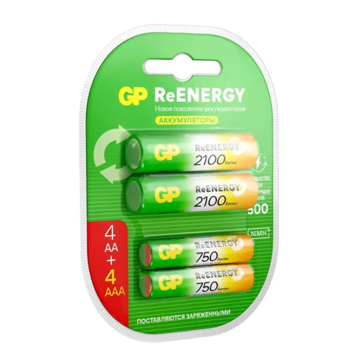 Перезаряжаемые аккумуляторы GP ReEnergy 210AAHC АА+75AAAHC AAA, емкости 2000 и 750 мАч - 8 шт. в промо-упаковке 4+4