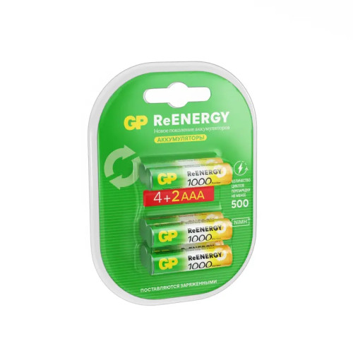 Перезаряжаемые аккумуляторы GP ReEnergy 100AAAHC AAA, емкость 930 мАч - 6 шт. в промо-упаковке 4+2 Перезаряжаемые аккумуляторы GP ReEnergy 100AAAHC AAA, емкость 930 мАч - 6 шт. в промо-упаковке 4+2