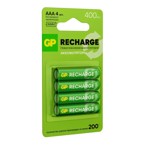 Перезаряжаемые аккумуляторы GP RECHARGE AAA, емкость 400 мАч - 4 шт. в блистере Перезаряжаемые аккумуляторы GP RECHARGE AAA, емкость 400 мАч - 4 шт. в блистере