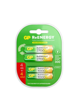 Перезаряжаемые аккумуляторы GP ReEnergy 270AAHC АА+100AAAHC AAA, емкости 2650 и 930 мАч - 8 шт. в промо-упаковке 4+4