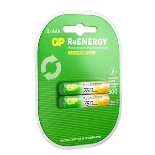 Перезаряжаемые аккумуляторы GP ReEnergy 75AAAHC AAA, емкость 750 мАч - 2 шт. в клемшеле Перезаряжаемые аккумуляторы GP ReEnergy 75AAAHC AAA, емкость 750 мАч - 2 шт. в клемшеле