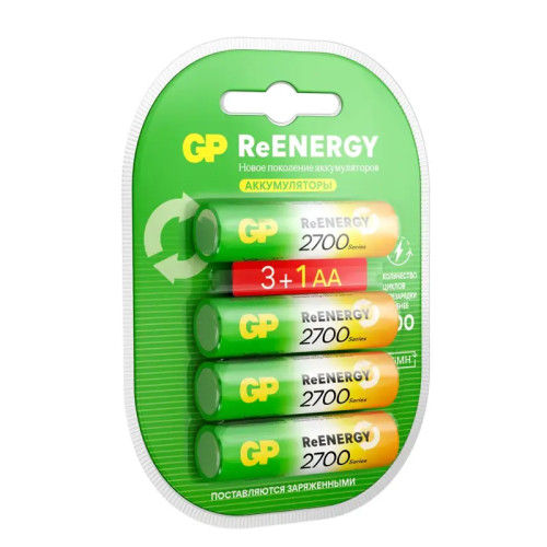 Перезаряжаемые аккумуляторы GP ReEnergy 270AAHC AA, емкость 2650 мАч - 4 шт. в промо-упаковке 3+1 Перезаряжаемые аккумуляторы GP ReEnergy 270AAHC AA, емкость 2650 мАч - 4 шт. в промо-упаковке 3+1