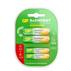 Перезаряжаемые аккумуляторы GP ReEnergy 210AAHC АА+75AAAHC AAA, емкости 2000 и 750 мАч - 8 шт. в промо-упаковке 4+4