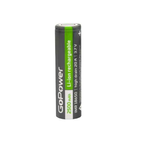 Аккумулятор Li-ion GoPower IMR18650 PC1 20A 3.7V 2500mAh без защиты выс.ток плос.конт. (1/100/400)