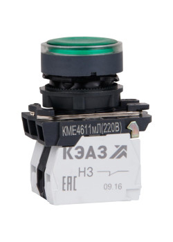 Кнопка КМЕ4611мЛ-24В-зеленый-1но+1нз-цилиндр-индикатор-IP65