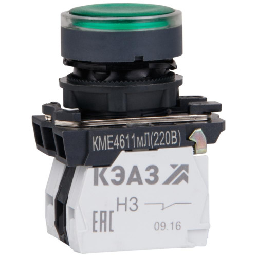 Кнопка КМЕ4611мЛ-24В-зеленый-1но+1нз-цилиндр-индикатор-IP65