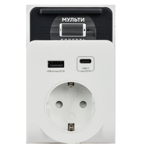 Адаптер/ Адаптер Т-03/01 1 место 2P+PE 16А 2хUSB A+C 20Вт с подставкой бело-черный IEK Адаптер/ Адаптер Т-03/01 1 место 2P+PE 16А 2хUSB A+C 20Вт с подставкой бело-черный IEK