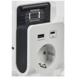 Адаптер/ Адаптер Т-03/01 1 место 2P+PE 16А 2хUSB A+C 20Вт с подставкой бело-черный IEK