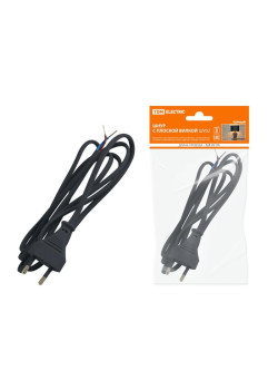 Шнур плоской вилкой/ Шнур с плоской вилкой ШУ02 ШВВП 2х0,75мм2 1,7 м. черный TDM