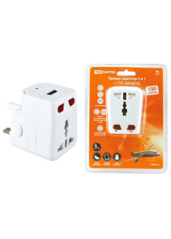 Тревел/ Тревел-адаптер 100-250В 3A (5 в 1) c USB-зарядкой 1000мА белый TDM
