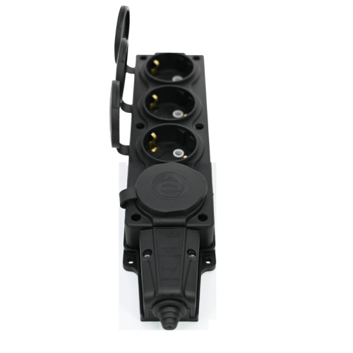 Колодка/ Колодка 4х розетка четырехместная 2К+З каучуковая 16А/250В IP44 Черная MultiSet