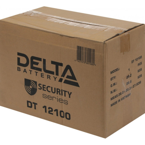Батарея DELTA серия DT, DT 12100, напряжение 12В, емкость 100Ач (разряд 20 часов),  макс. ток разряда (5 сек.) 1000А, макс. ток заряда 30А, свинцово-кислотная типа AGM, клеммы под болт М8, ДxШxВ 330х173х215мм., вес 28.6кг., срок службы 7-10 лет./ Battery 