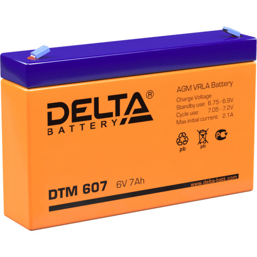 Battery DELTA DTM 607 (6V 7Ah), 6V voltage, 7A*h capacity, max. discharging rate of 105A, max. charging rate 2.1A, the type of lead-acid AGM, type lead terminal F1, LxWxH 151x34x94mm, full height with terminals 100mm, weight 1.2kg., operational life 6 yea
