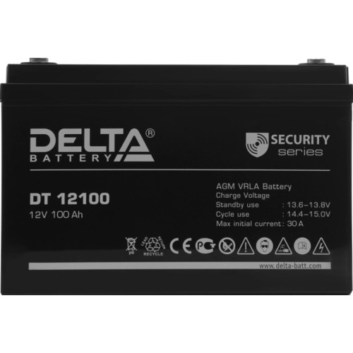 Батарея DELTA серия DT, DT 12100, напряжение 12В, емкость 100Ач (разряд 20 часов),  макс. ток разряда (5 сек.) 1000А, макс. ток заряда 30А, свинцово-кислотная типа AGM, клеммы под болт М8, ДxШxВ 330х173х215мм., вес 28.6кг., срок службы 7-10 лет./ Battery 