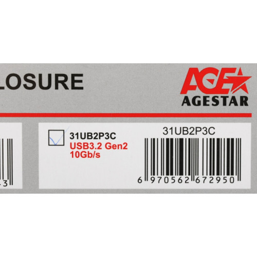 Внешний корпус для HDD/SSD AgeStar 31UB2P3C SATA USB3.2 пластик черный hotswap 2.5