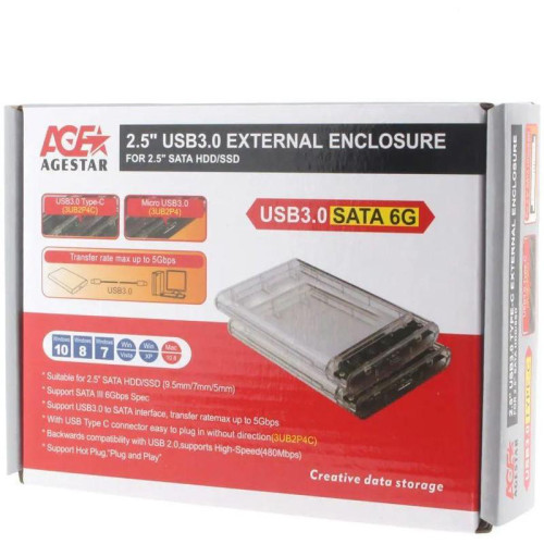 Внешний корпус для HDD/SSD AgeStar 3UB2P4C SATA III USB3.0 пластик прозрачный 2.5