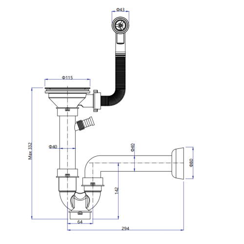 Сливная арматура RIVELATO, для одночашевой мойки, черный корзинчатый вентиль, черный круглый перелив, выходной патрубок, отводящий патрубок, отвод к ПММ или стиральной машине, цвет черный