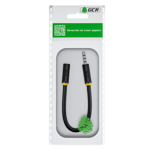 GCR Удлинитель для гарнитуры 0.3m jack 3,5mm/jack 3,5mm черный, желтая окантовка, 28AWG, M/F