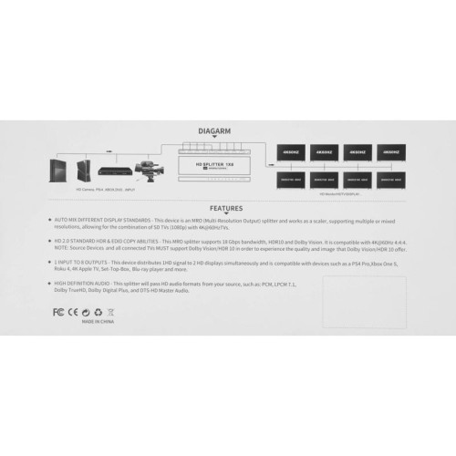 Сплиттер аудио-видео Premier 5-872-8V2 HDMI (f)/8xHDMI (f) черный