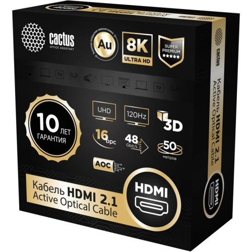Кабель аудио-видео Cactus CS-HDMI-AOC-2.1-50 HDMI (m)/HDMI (m) 50м. позолоч.конт. черный