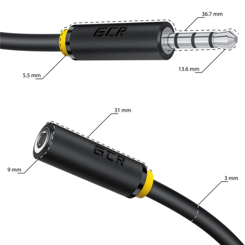 GCR Удлинитель для гарнитуры 0.3m jack 3,5mm/jack 3,5mm черный, желтая окантовка, 28AWG, M/F