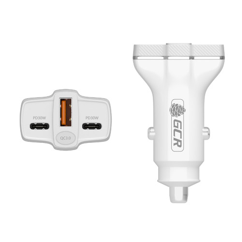 GCR PRO Автомобильное зарядное устройство 3в1, USB QC3.0 + 2 порта Type-C PD 30W, белый, GCR-56665