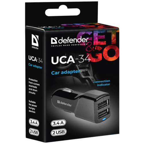 Defender Автомобильный адаптер UCA-34 2xUSB, 5V/3.4А