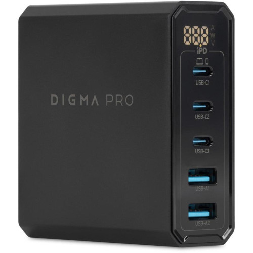 Настольное зар./устр. Digma Pro DPW10A 140W 5A (PD+QC) 3хUSB-C/2xUSB-A универсальное черный (DPW1A4G024BK)