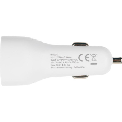 Автомобильное зар./устр. Hama H-183317 3A (PD) USB Type-C для Apple белый (00183317)
