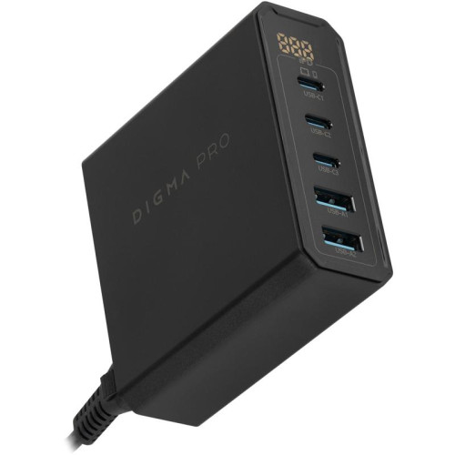 Настольное зар./устр. Digma Pro DPW10A 140W 5A (PD+QC) 3хUSB-C/2xUSB-A универсальное черный (DPW1A4G024BK)