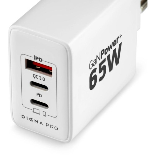 Сетевое зар./устр. Digma Pro DPW6B 65W 3.25A (PD+QC) 2хUSB-C/USB-A универсальное белый (DPW6B5GX12WH)