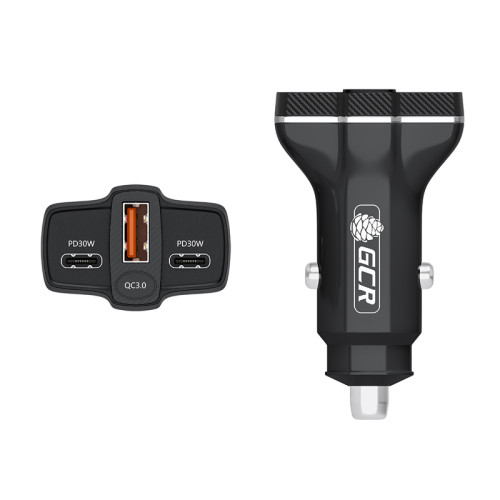 GCR PRO Автомобильное зарядное устройство 3в1, USB QC3.0 + 2 порта Type-C PD 30W, черный, GCR-56666